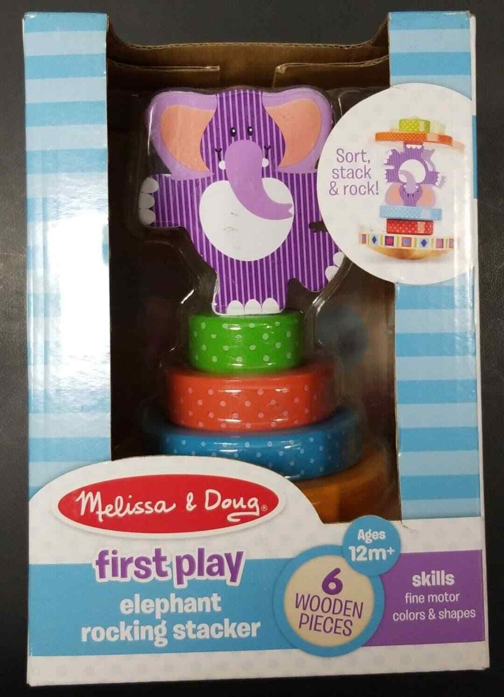Melissa & Doug Elephant Rocking Stacker Toy 12m+ NEW DMG BOX