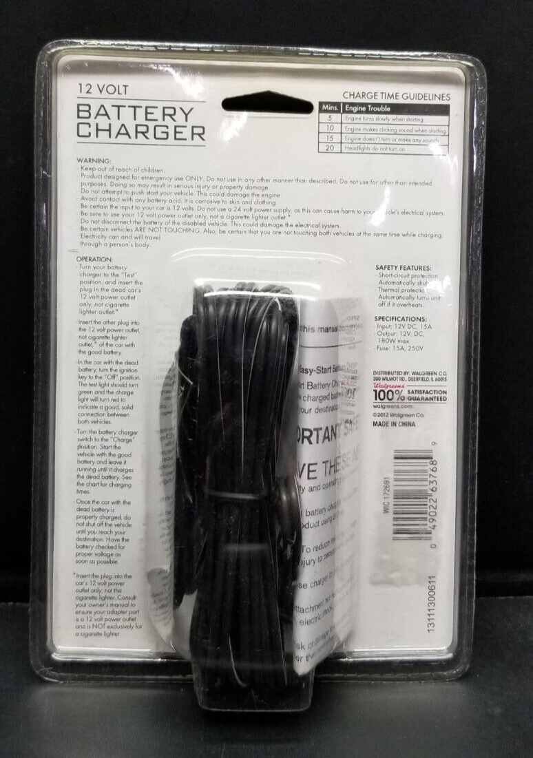 Living Solutions 12 Volt Battery Charger - Car to Car Charging Cord NEW