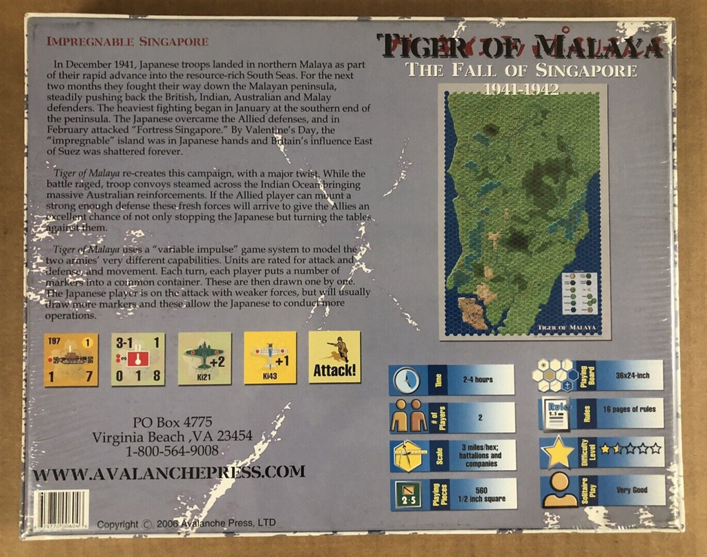 Tiger of Malaya Fall of Singapore 1941-1942 Campaign Game Avalanche Press NIB